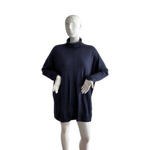 100% Merino Wool Eileen Fisher Mock Neck Long Sleeve Dress Blue XL